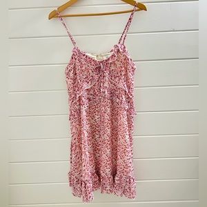 She + Sky Cottagecore Red/White Spaghetti Strap Ditsy Flowy Floral Chiffon Dress